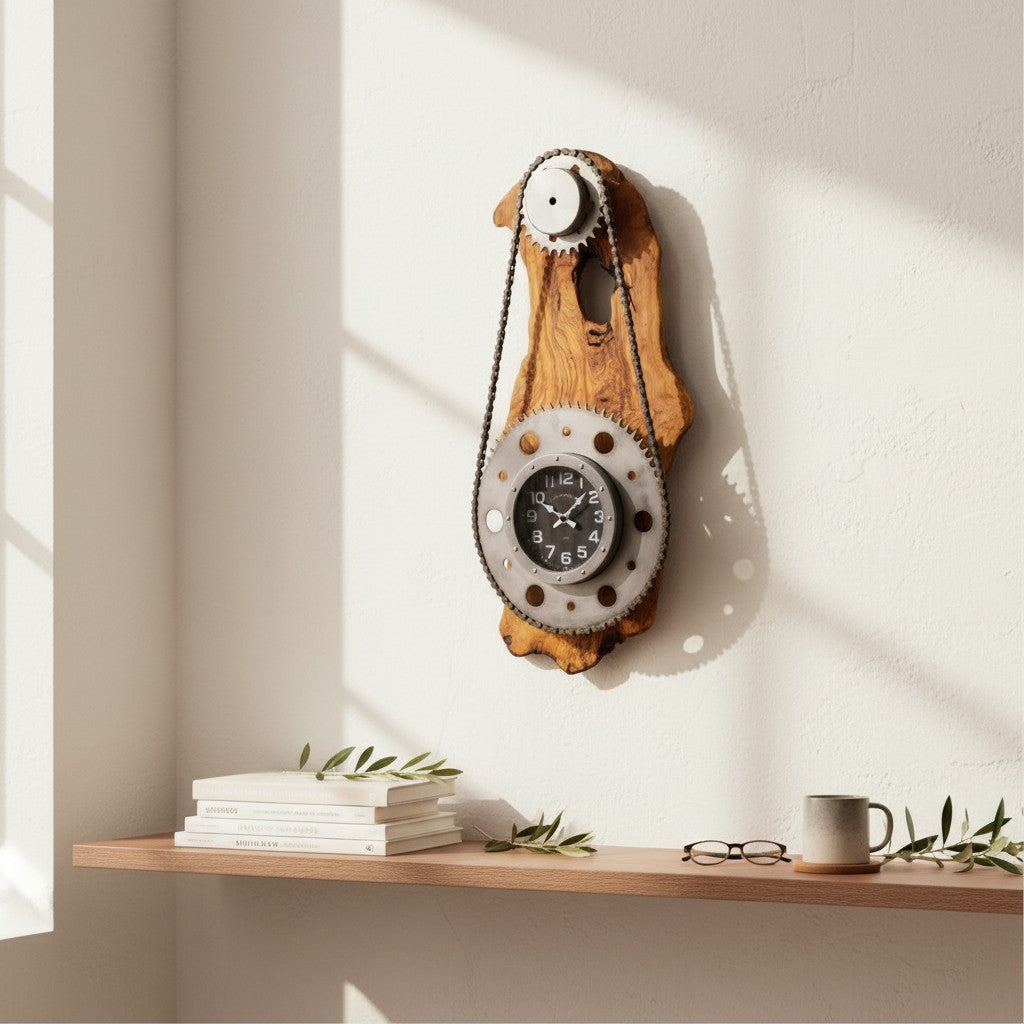 Industrial Olive Wood Gear Wall Clock