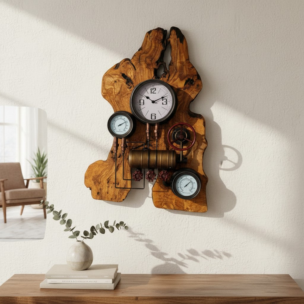 Industrial Multi-Gauge Olive Wood Wall Clock | Steampunk Weather Station Style