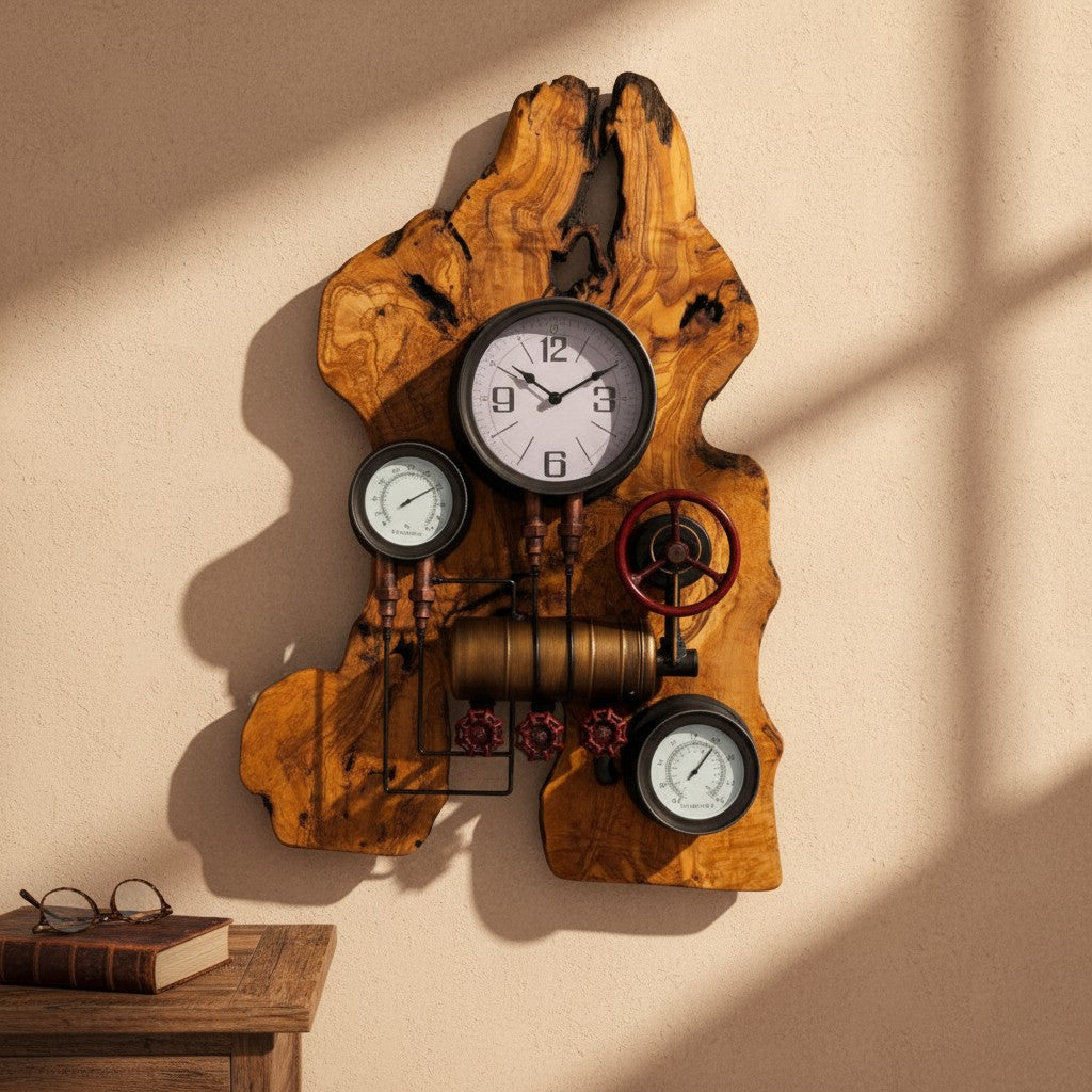 Industrial Multi-Gauge Olive Wood Wall Clock | Steampunk Weather Station Style
