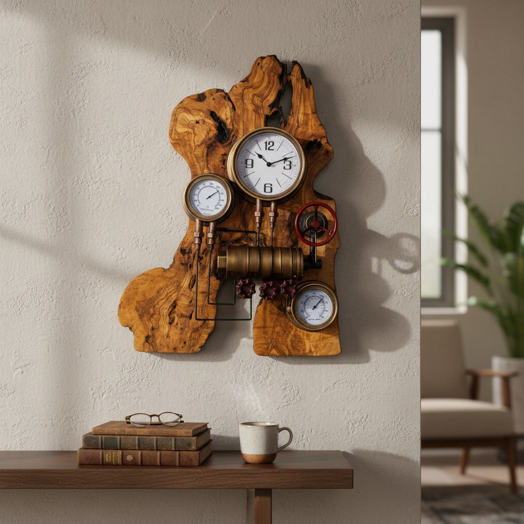 Industrial Multi-Gauge Olive Wood Wall Clock | Steampunk Weather Station Style