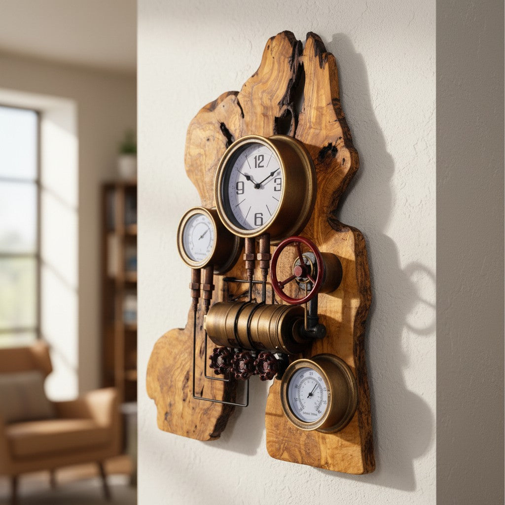 Industrial Multi-Gauge Olive Wood Wall Clock | Steampunk Weather Station Style