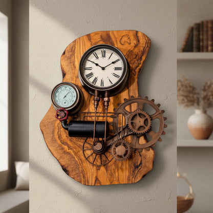Industrial Olive Wood Steampunk Wall Clock | Roman Numeral Statement Wall Art