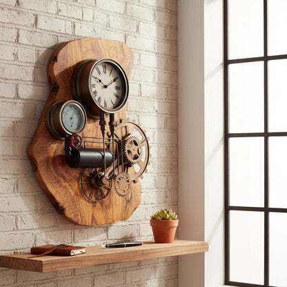 Wooden wall clock with gears on a brick wall