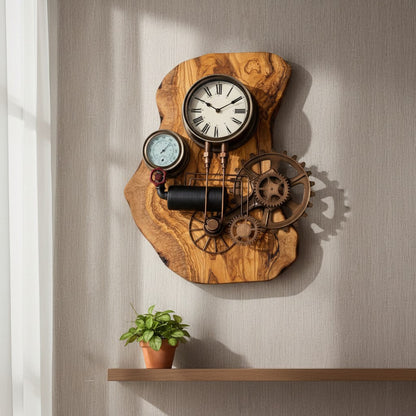 Industrial Olive Wood Steampunk Wall Clock | Roman Numeral Statement Wall Art
