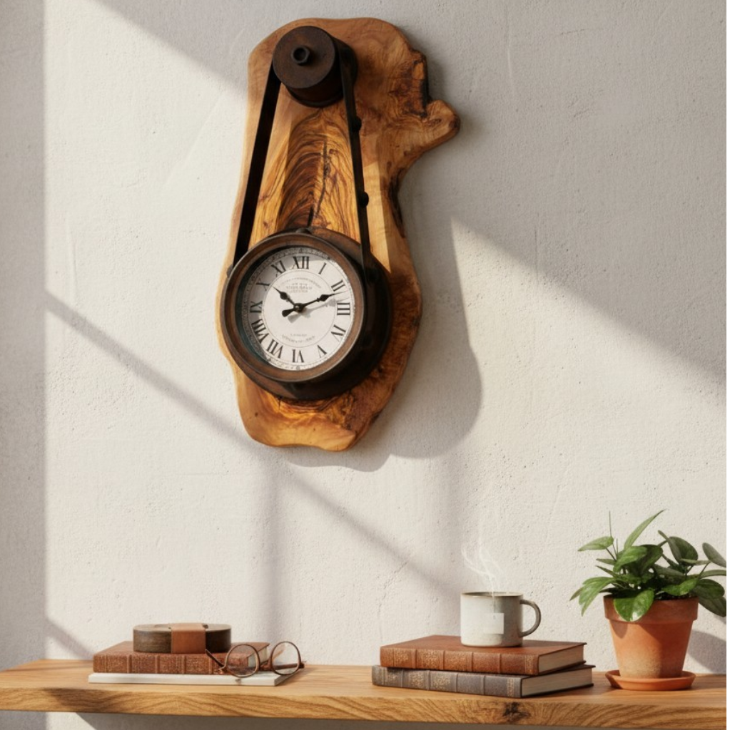 Industrial Steampunk Olive Wood Wall Clock | Pulley Belt Statement Wall Clock