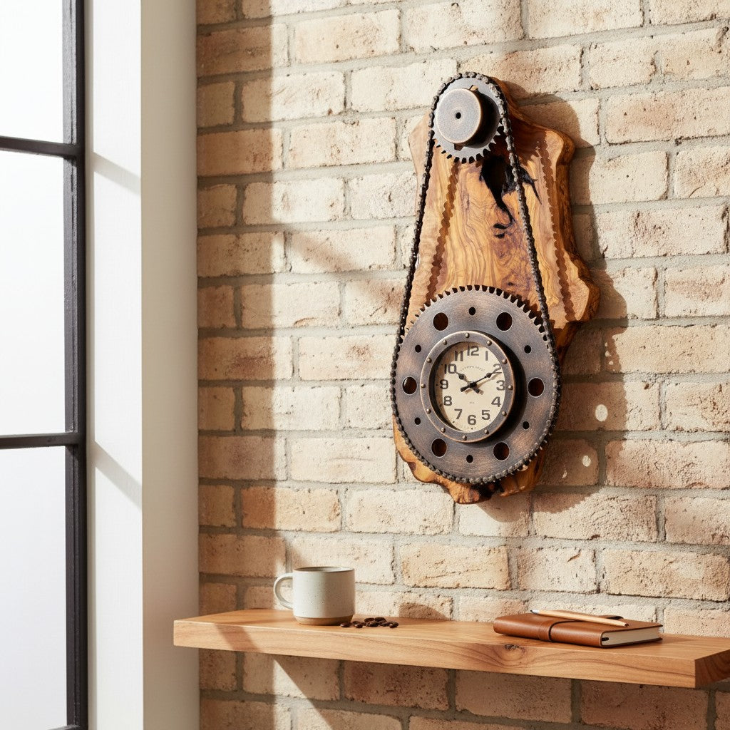 Industrial Olive Wood Gear Wall Clock