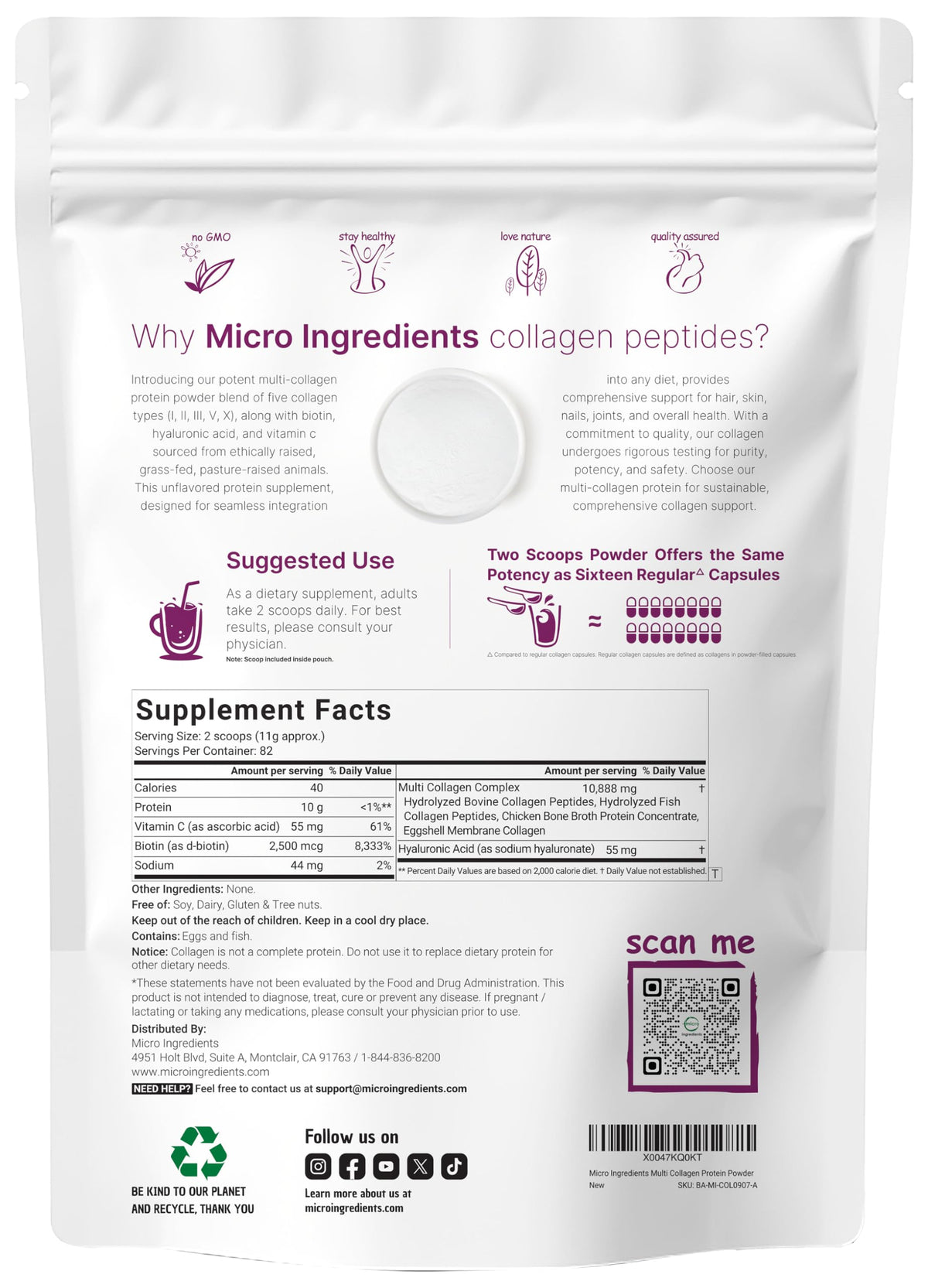 Micro Ingredients Multi Collagen Peptides Powder 2lb | Types I, II, III, V & X