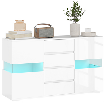 HOMCOM LED Light Sideboard - High Gloss White | 4 Drawers & LED Lighting