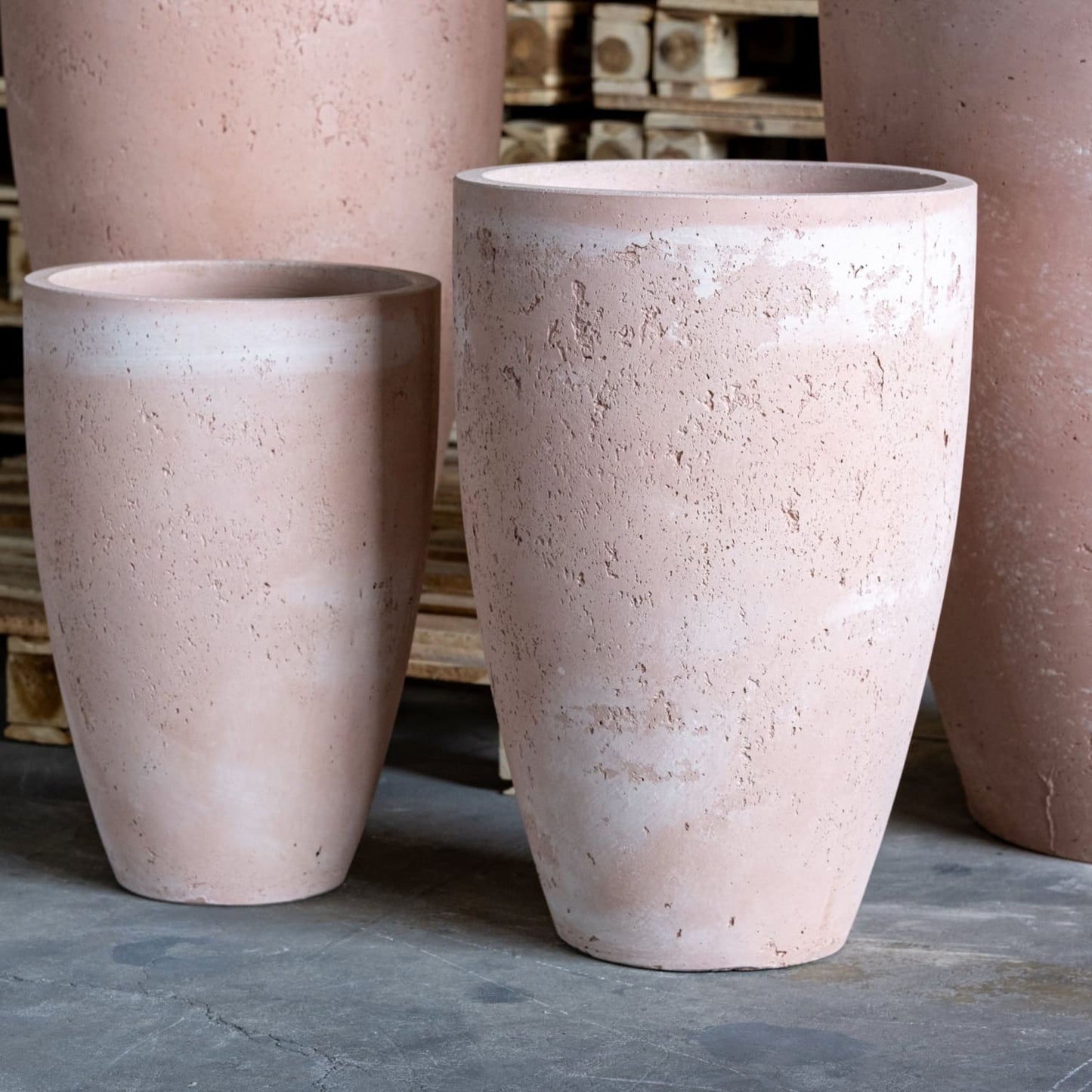 Vessara Blushstone concrete vase planter, 75cm tall, extra-large 61L tall plant pot with a textured concrete finish by Jōbū Home