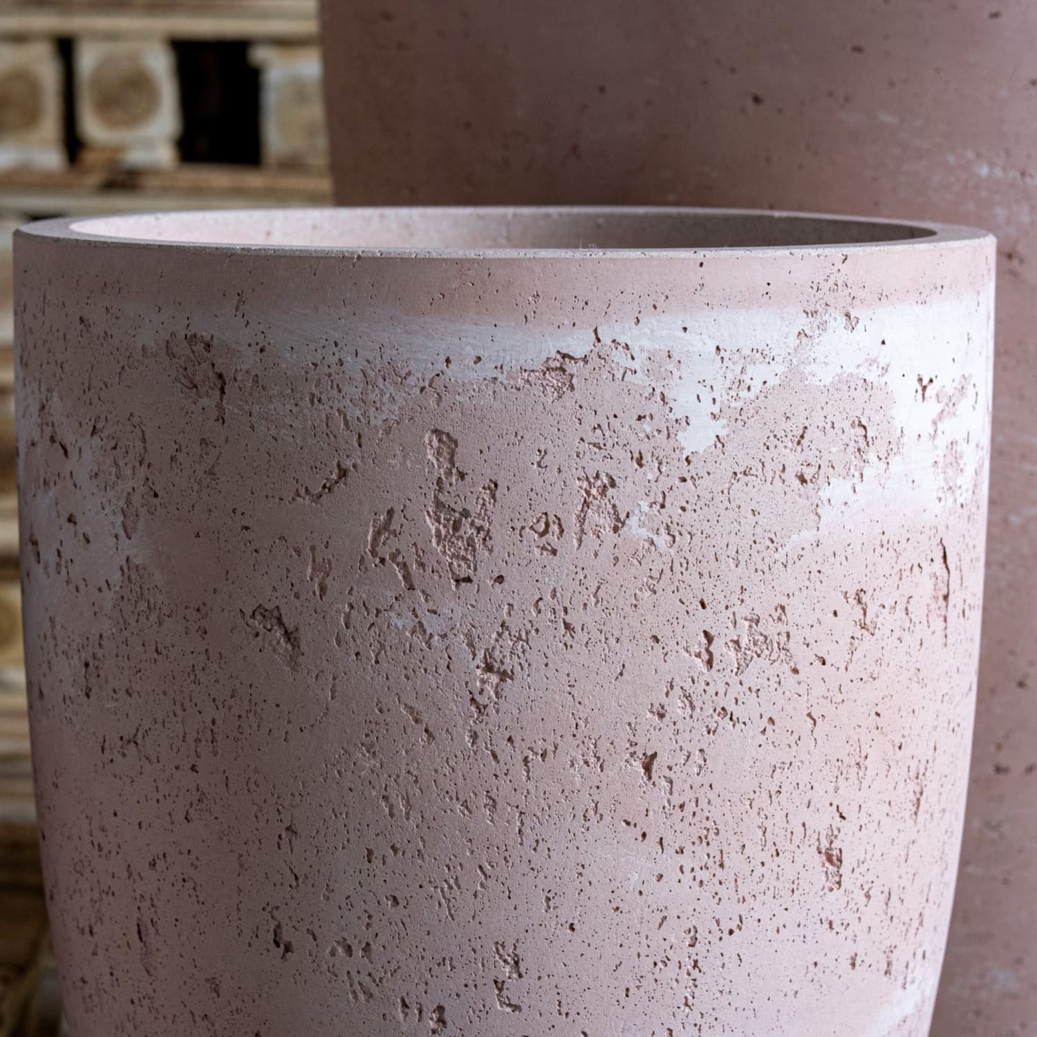 Large concrete vase planter by Jōbū Home, Vessara Blushstone, 75cm tall, 61L capacity, ideal for tall indoor or outdoor plants.