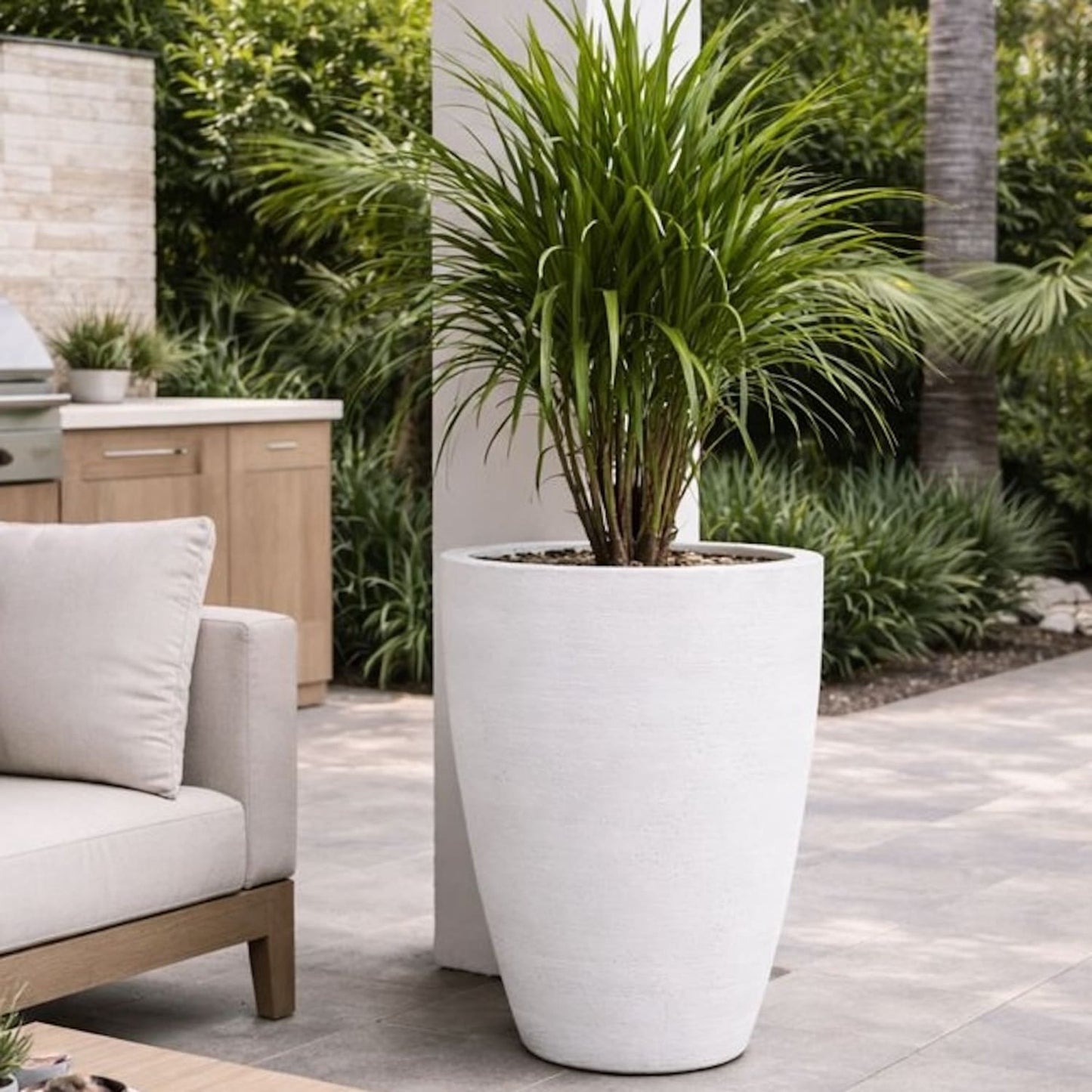 White Vessara XXL concrete vase planter by Jōbū Home, 100cm tall, 172L capacity, ideal for large indoor or outdoor plants.