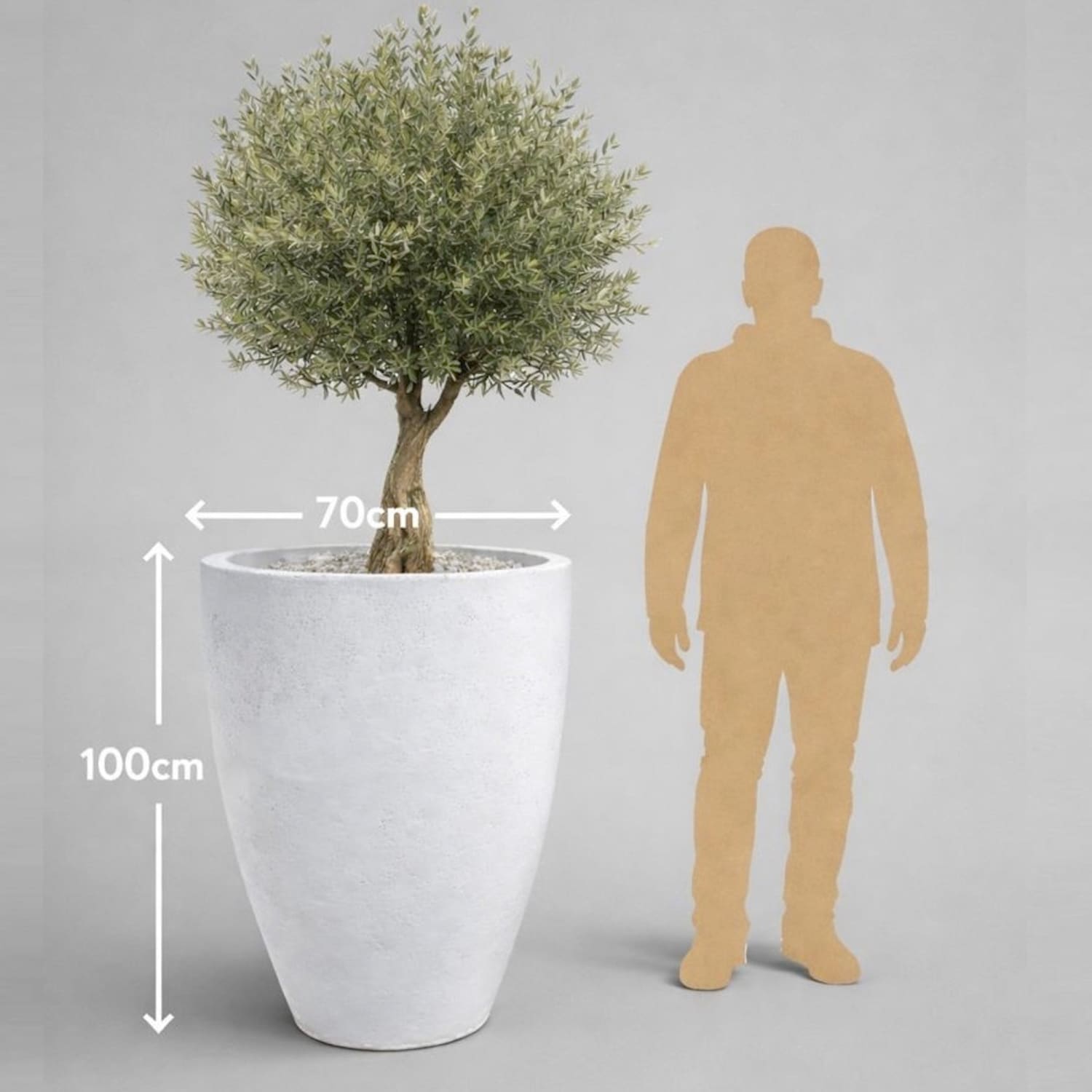 Large white mist concrete vase planter by Jōbū Home, 100cm tall XXL plant pot for indoor or outdoor use, 172L capacity.