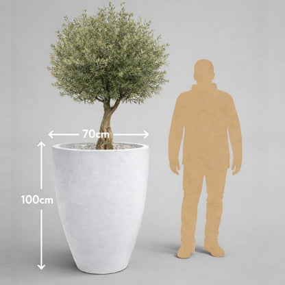 Large white mist concrete vase planter by Jōbū Home, 100cm tall XXL plant pot for indoor or outdoor use, 172L capacity.