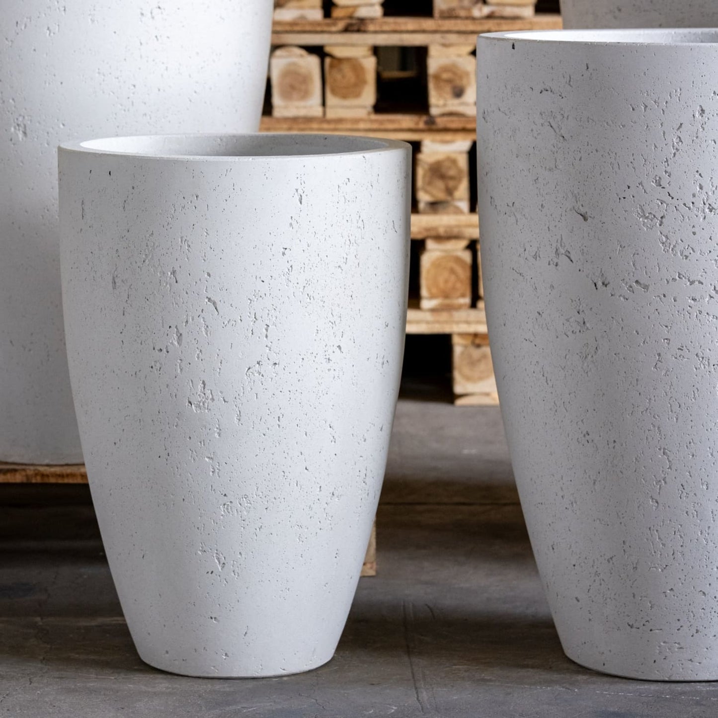 Large white mist concrete vase planter by Jōbū Home, 100cm tall XXL plant pot for indoor or outdoor use.