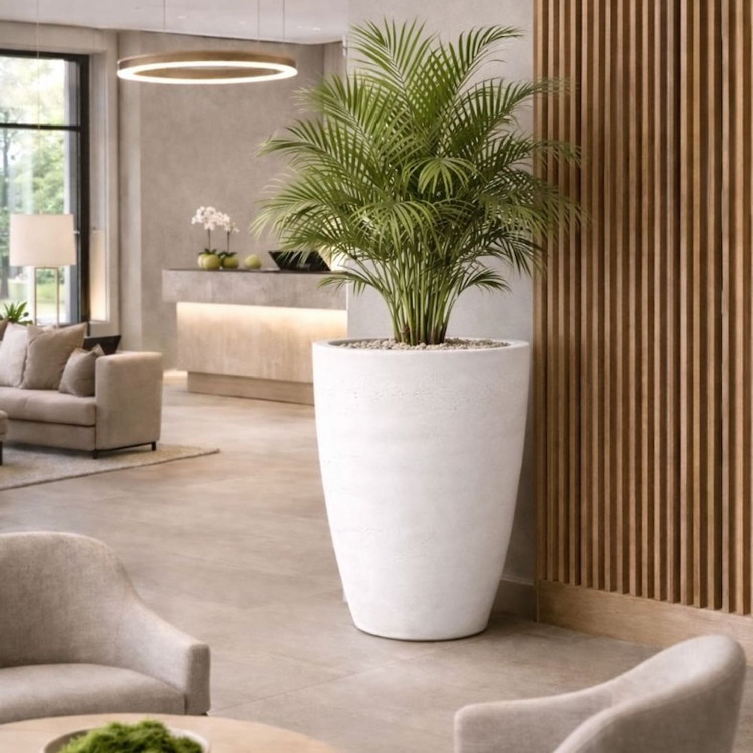 Large white concrete vase planter by Jōbū Home, 100cm tall, XXL size, ideal for tall plants or indoor garden displays.