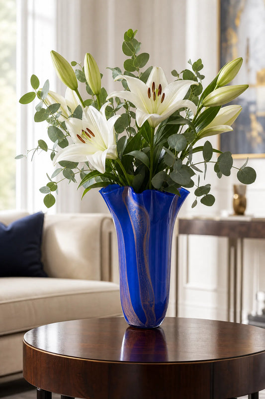 Blue Twist Glass Vase with Scalloped Detail | Modern Decorative Vase
