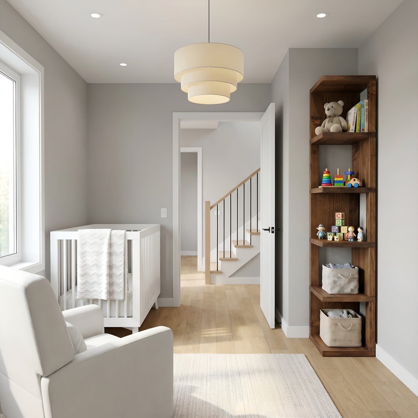 Walnut-colored solid wood corner bookshelf by Tribe Joinery with rustic open design and multiple shelves for storage.