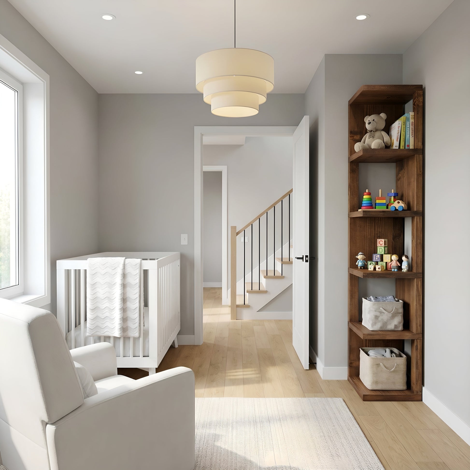 Walnut-colored solid wood corner bookshelf by Tribe Joinery with rustic open design and multiple shelves for storage.