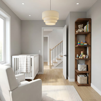 Walnut-colored solid wood corner bookshelf by Tribe Joinery with rustic open design and multiple shelves for storage.