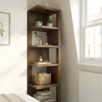 Walnut-colored solid wood corner bookshelf by Tribe Joinery with rustic open shelves for books and decor.