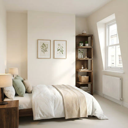 Walnut Valora solid wood corner bookshelf by Tribe Joinery with rustic open shelves in a modern corner design.