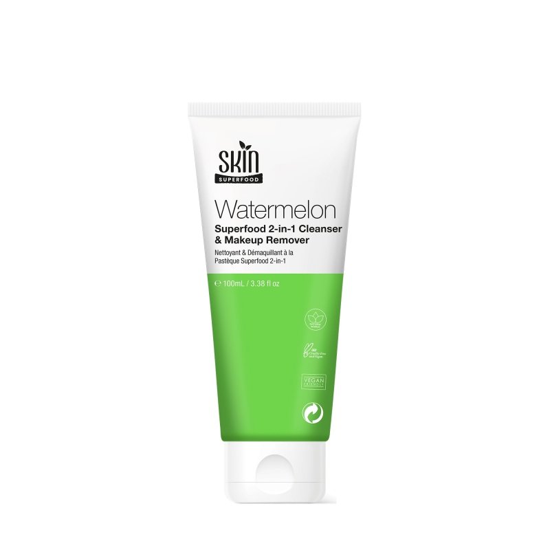 Dr Botanicals Watermelon Superfood 2-in-1 Cleanser and Makeup Remover in a 100ml bottle, with fresh watermelon imagery.