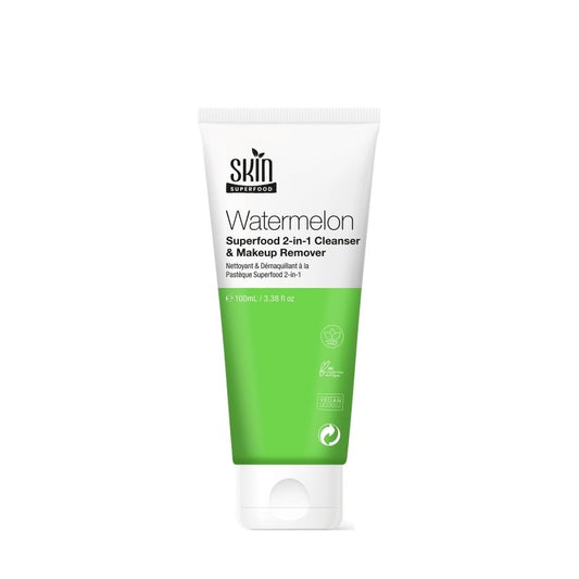 Dr Botanicals Watermelon Superfood 2-in-1 Cleanser and Makeup Remover in a 100ml bottle, with fresh watermelon imagery.