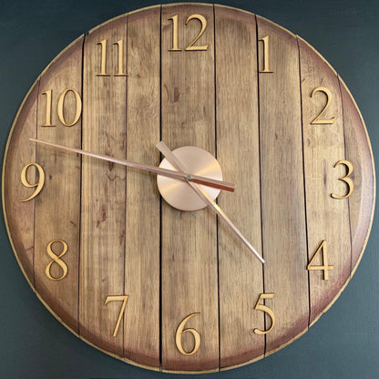 Oak finish whiskey barrel clock by MooBoo Home, made to order, showcasing rustic wood grain and vintage-inspired design.