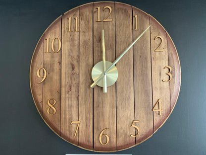 Oak finish whiskey barrel clock by MooBoo Home, made to order, featuring a rustic design and vintage style for home decor.