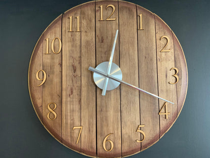 Oak finish whiskey barrel clock by MooBoo Home, featuring a rustic design with visible wood grain and vintage-style clock face.