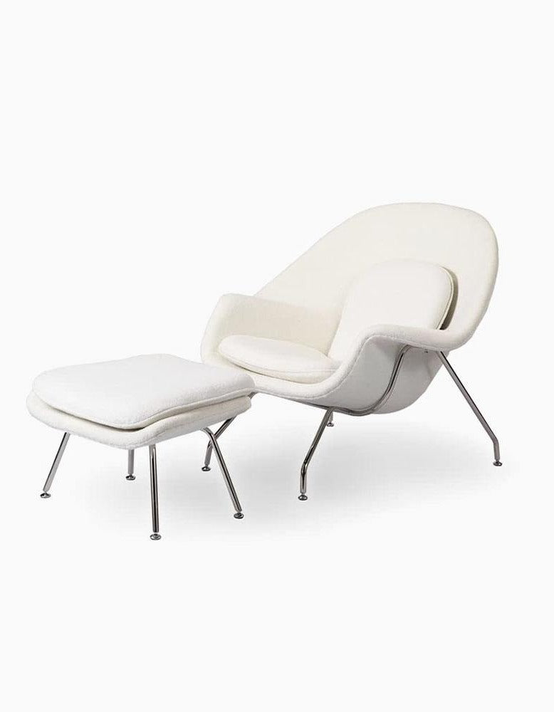 Womb Style Chair & Ottoman In Premium Velvet or Linen, White